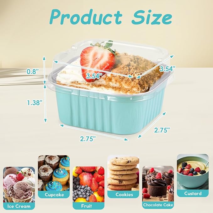 Mini Square Baking Cups with Lids, 50 Pcs 5oz Blue Aluminum Foil Cupcake Tins with Lids, Disposable Ramekins Flan Cake Pans Tins for Souffle, Dessert, Valentine, Wedding, Party Small Cake Containers