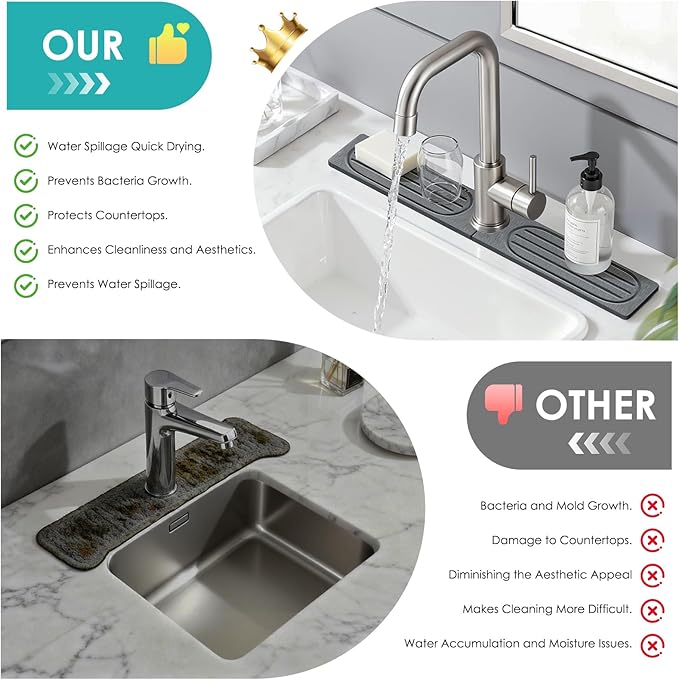 4Pcs Stone Faucet Mat for Kitchen Sink, Diatomite Quick Dry Water Absorbing Stone Tray & Sink Protector Splash Guard for Bathroom Counter, Black, 23.46" x 3.86"