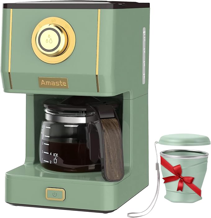 Amaste Drip Coffee Maker, Coffee Machine with 25 Oz Glass Coffee Pot, Retro Style Coffee Maker with Reusable Filter & Three Brewing Modes, Collapsible Silicone Coffee Cup,Warming Plate, Matcha Green