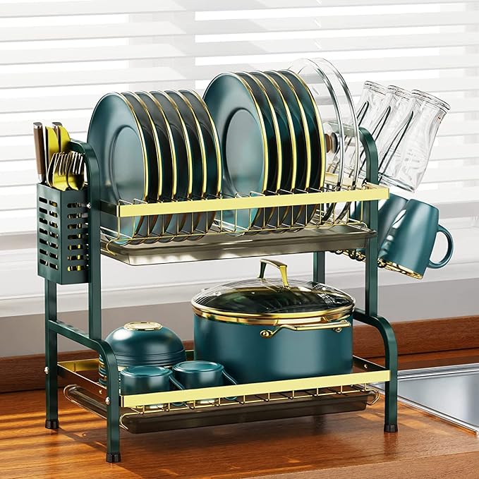 Dish Drying Rack,2 Tier Stainless Steel Dish Rack Drainboard Set,Utensil Holder, Cutting Board Holder,Dish Drainer for Kitchen Counter,Space-Saving (Green Gold)