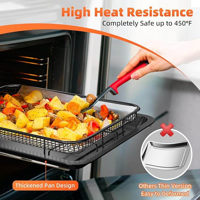 Air Fryer Basket, 2 Set Oven Air Fryer Basket and Tray with 60 PCS Parchment Papers, DEGOVIN Crisper Tray Non-stick Stainless Steel Air Fry Pans for Convection Oven(14.88"×10.98"& 13"× 9.7"-Black)