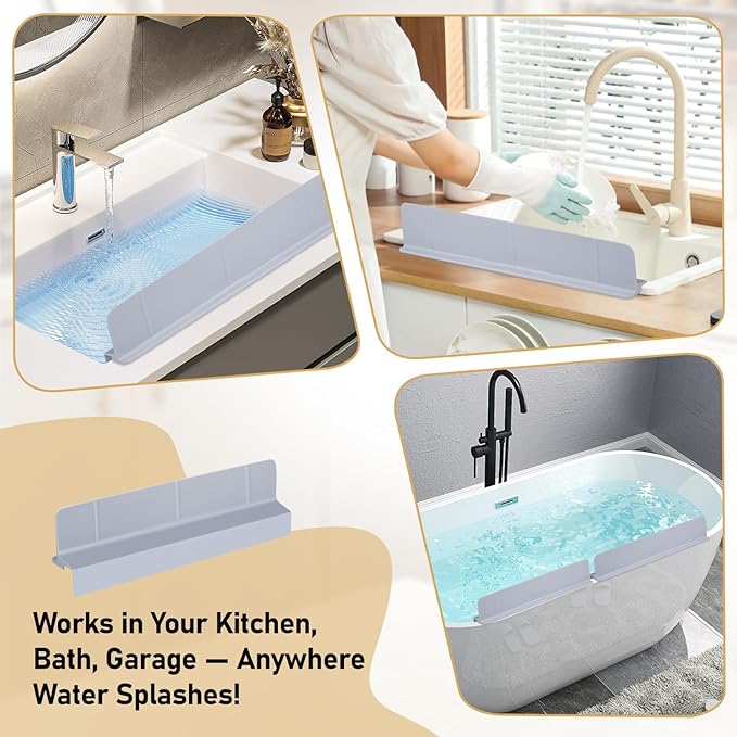 Kitchen Sink Splash Guard 18" Self-Draining Silicone Water Guard with High Splash Wall & Strong Suction Cups for Faucet, Countertop & Sink Edge, Keeps Sinks Dry, Dishwasher Safe, Gray