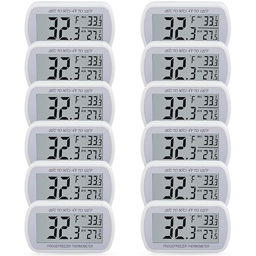AEVETE 12 Pack Waterproof Digital Refrigerator Thermometer Large LCD, Freezer Room Thermometer with Magnetic Back, No Frills Easy to Read