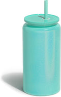 Glass Cups with Lids and Straws, 16oz Stainless Steels Cups, Beer Cups, Iced Coffee Cup, Smoothie Cup, Sublimation Tumbler, Cyan (Shiny Polished Finish, Sublimatable)