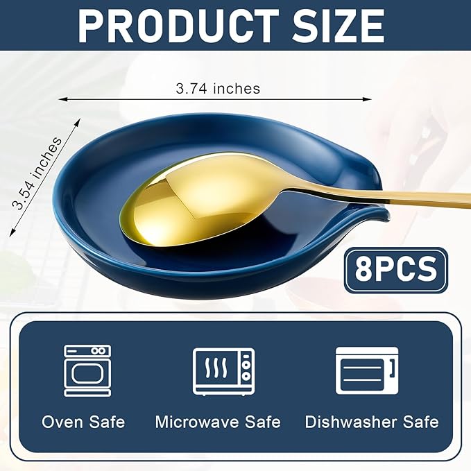 Irenare 8 Pcs Ceramic Spoon Rest for Stove Top, 3.74 Inch Porcelain Spoon Holder, Coffee Utensil Rest Heat Resistant Dishwasher Safe for Home Kitchen Accessories Gift(Blue)