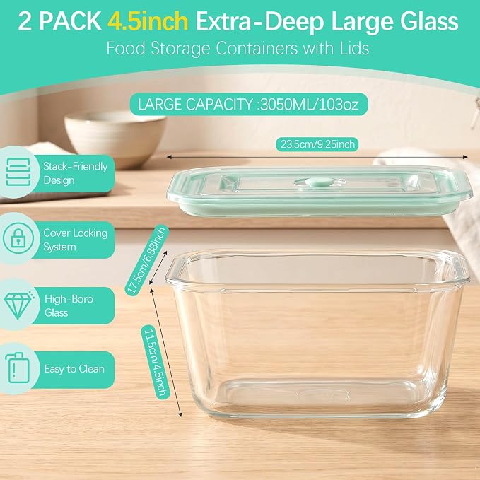 Blushtier 2 Pack 103 Oz/3000ml Extra Large Borosilicate Glass Food Containers with Airtight Lid, Baking Meal Prep Container Leakproof Glass Food Storage for Family Microwave Safe