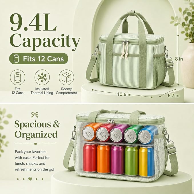 BTOOP Insulated Lunch Box for Women, Cute Corduroy Lunch Bag with Shoulder Strap, Leakproof Wide-Open Lunch Tote for Work, Office, School, Picnic, Green White Stripes