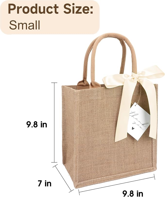 6 Pack Burlap Tote Bags with Handles Reusable Small Jute Gift Bags with Light Beige Silk Ribbons Waterproof Lining for Wedding Bridesmaid Mother's Day Bachelorette Beach Party