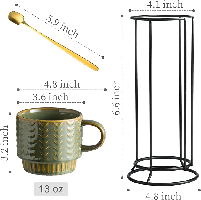 Miamolo Stackable Coffee Mugs Set of 4 with Spoons & Rack, Space-saving | 13oz, Ceramic, Dishwasher Safe, for Espresso Drinks Latte Cappuccino Tea, Turkish Coffee Cup, Housewarming Wedding Gift