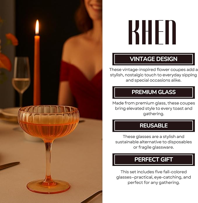 Khen Flower Vintage Wavy Glass Coupes Martini, Champagne & Cocktail Coupes - Set of 5-7oz Colorful Cocktail Glasses & Champagne, Prosecco, Mimosa Glassware Gift, Copyright Design - Summer Flora Coupes
