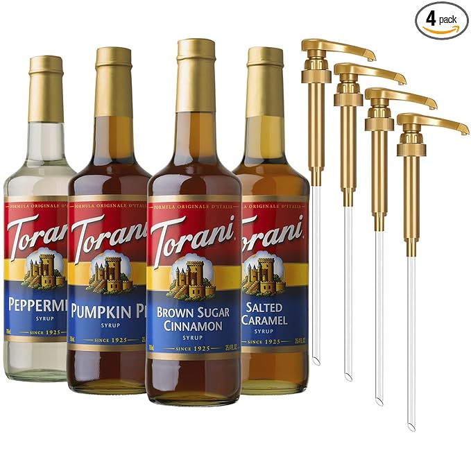 Torani Coffee Syrup, Pumpkin Pie, Brown Sugar Cinnamon, Salted Caramel, Peppermint, Syrup for Drinks, Fall & Winter Variety 4-Pack, Pumps Included, 25.4 Fl Oz Ea