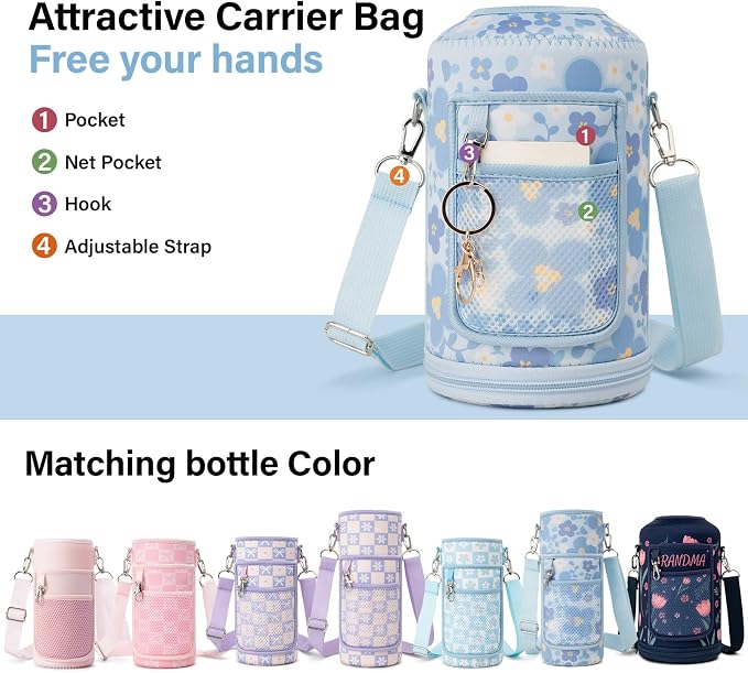 DYSANKY Water Bottle Gift– 64 oz Insulated Stainless Steel Bottle with Carrier Bag, Strap & Gift Box – BPA-Free – Ideal for Hiking, Camping & Travel - Blue Flower 64 oz