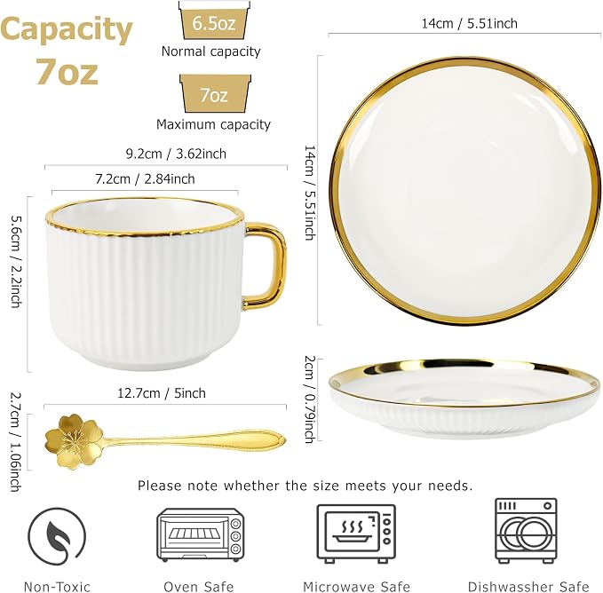 Cappuccino Cups Set of 4, 7oz Espresso Cups Set with Saucers and Sakura Spoons, Gold Trim Ceramic Coffee Tea Cups for Latte, Mocha, Au Lait, Dishwasher & Microwave Safe, Art Deco (Gold Striped/200ml)