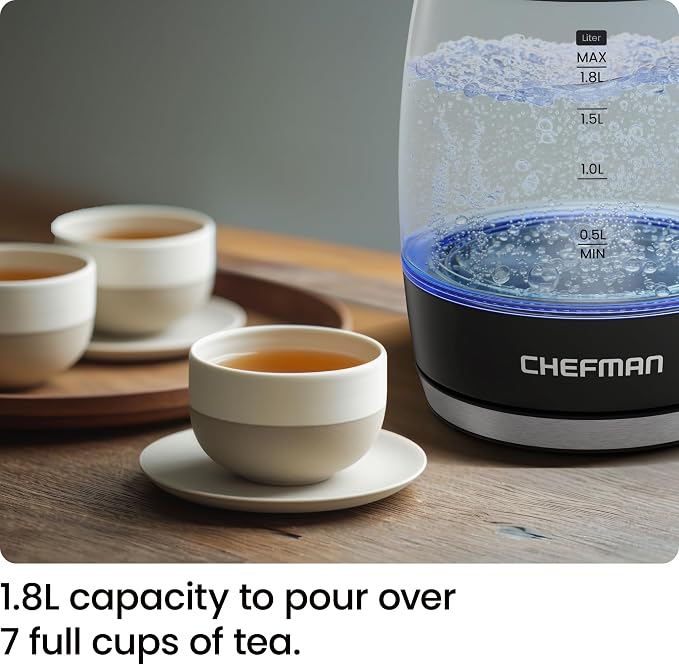 Chefman Electric Kettle, 1.8L 1500W, Hot Water Boiler, Removable Lid for Easy Cleaning, Auto Shut Off, Boil-Dry Protection, Stainless Steel Filter, BPA Free, Borosilicate Glass Electric Tea Kettle