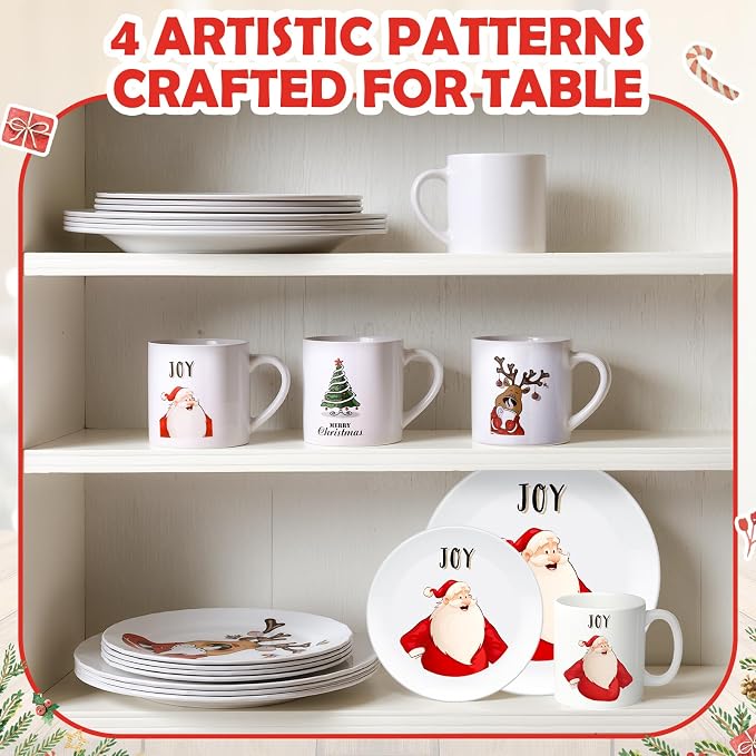 12 Piece Christmas Melamine Dinnerware Set for 4 Guest, 10" Dinner Plates, 8" Salad Plates, 9 oz Mug Shatterproof Xmas Dishes Gift for Home Party Festive Holiday Celebrations
