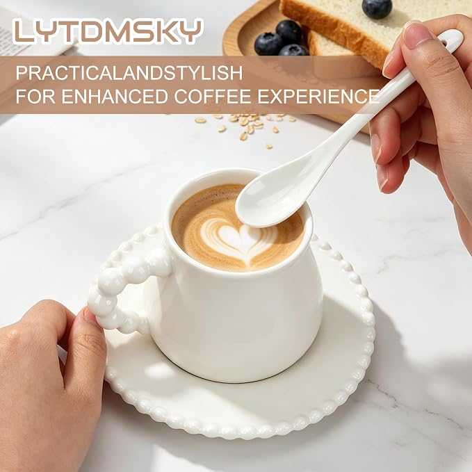 8 oz Ceramic Cappuccino Cups with Saucers and Spoons, Set of 4 Coffee Cup Mugs for Latte, Au Lait, Flat White, Mocha, Tea, Elegant Tea Mugs Set, Dishwasher & Microwave Safe