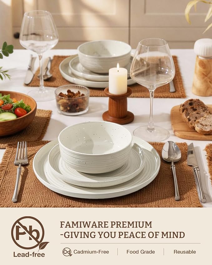 16-Piece Stoneware Dinnerware Sets for 4 with Pasta Bowls – Speckled Glaze with Spiral Design, Coupe Plates and Bowls - Chip & Scratch Resistant, Microwave & Dishwasher Safe, Cream