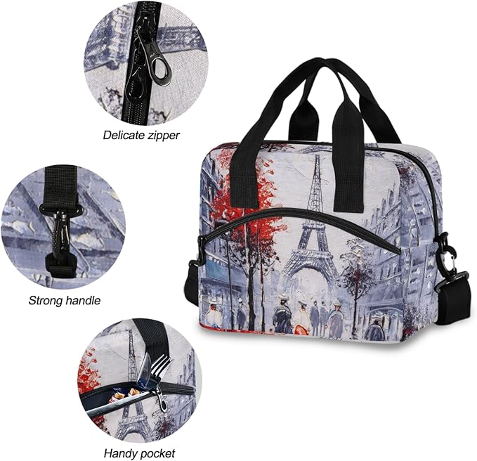 OREZI Lunch Bag for Girls Women,Art Painting France Paris Eiffel Tower Lunch Box Container with Detachable Shoulder Strap,Insulated Lunch Coolers for School Office