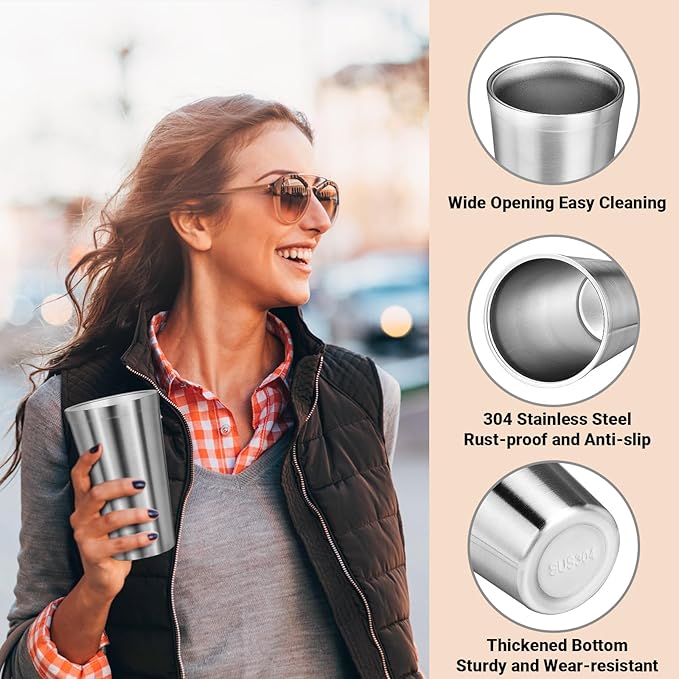 Stainless Steel Cups, 16 oz Insulated Tumbler, 4 Pack Double Wall Unbreakable Stackable Water Tumblers Insulated Metal Cup Premium Drinking Glasses for Travel Camping Home Outdoor