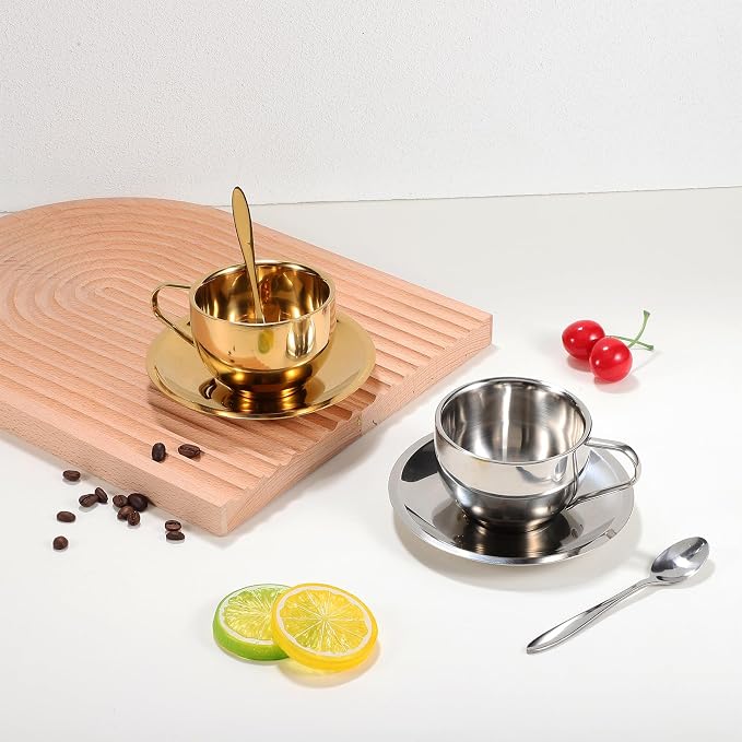 Hemoton Stainless Steel Coffee Cup Set with Saucer and Spoon 2-Piece 4.13X3.14X2.16In European Style Tea Mugs 304 Material for Home Cafe Party