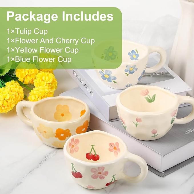 4 Styles Cute Spring Ceramic Flower Coffee Mug Set 8.5 oz Vintage Aesthetic Porcelain Floral Tea Coffee Cup with Handle Dishwasher Microwave Safe for Mother's Day Easter Gift for Women