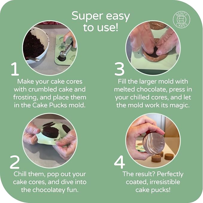 Benty Cakes – The Original Cake Puck Baker Bundle – Better than a Cake Pop! Make Chocolate Covered Dessert – BPA Free Silicone – Includes 3 Mold Sets + 5 Trays + 6 Scrapers – Green