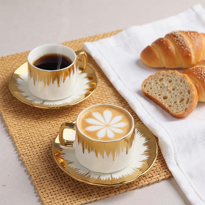 Coffee Cup Set of 6 with Saucers, 3.5 OZ Ceramic Espresso Cups Set, Gold Trim Turkish Coffee Cup Gift for Double Shot, Latte, Cafe Mocha and Tea, Dishwasher & Microwave Safe
