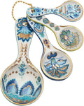 Mary DiSomma’s Ceramic Measuring Spoons (Set of 4) | Unique Signature Floral Print Design for each, Gold Overlay, Teal, Blue, Robin’s Egg Blue, Lime Green, Metallic Gold Chain, Boxed gift set
