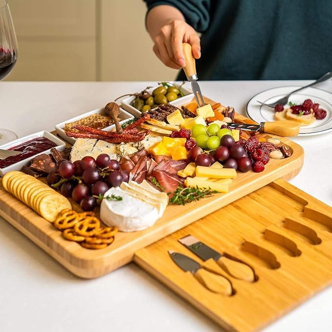 Charcuterie Boards，Cheese Board in cludes 6 Cheese Knives, 3 Seasoning Plates, with Platter and Drawer, Matching for Gatherings, Outing Door Use