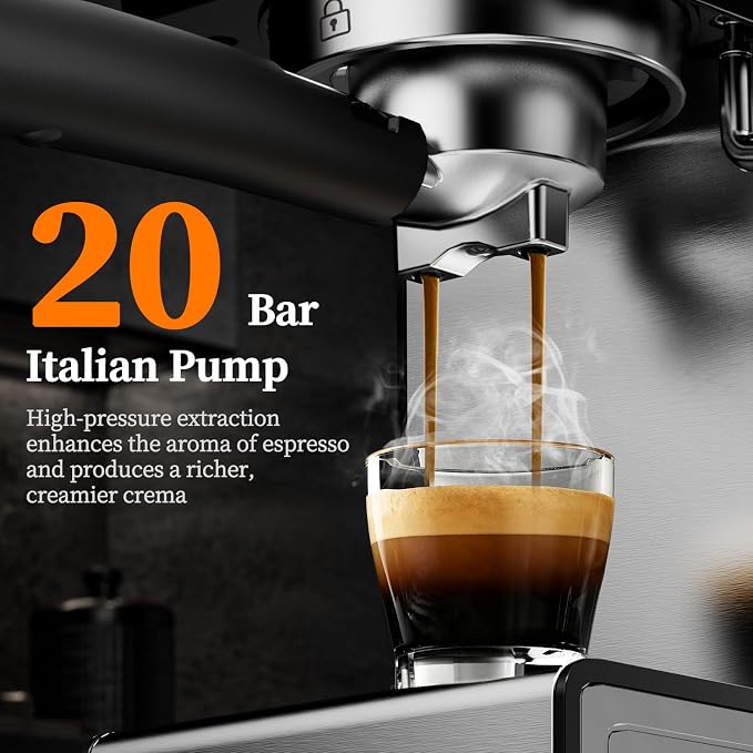20Bar Espresso Machine with Poweful Milk Frother Rapid Cold Brew, Easy to Use Compact Espresso Maker, Fast Heat 1350W Barista-Quality Home Cappuccino Latte Machine,45oz Water Tank, Silver