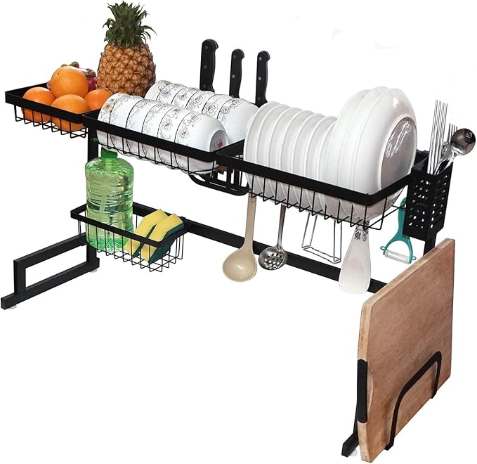 XKMT- 2-Tier 33" Stainless Steel Over The Sink Dish Drying Rack Storage Kitchen Supplies Cutlery Organizer Utensils Shelf Holder [P/N:ET-DISHRACK002]