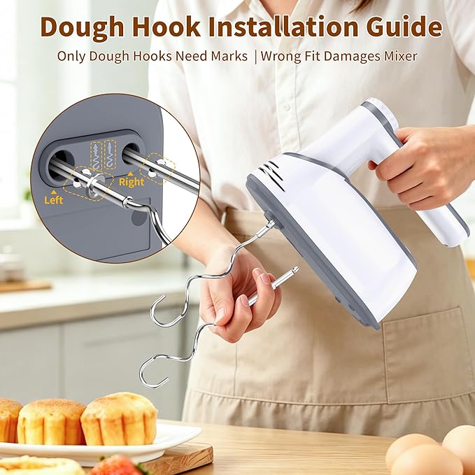 binROC Cordless Electric Hand Mixer, 12-Speed Rechargeable Handheld Mixer with Eject Button, 6 Stainless Steel Attachments, Snap-On Storage Case, LED, Self-Stand for Baking, Cake, Dough, Egg (White)