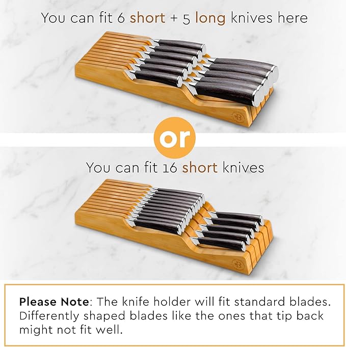 Knife Block Drawer Organizer - Bamboo Knife Drawer Organizer Insert for Kitchen Drawer, In Drawer Knife Holder, 16 Slot Drawer Knife Block, Drawer Knife Organizer, Knife Storage Organizer for Drawer