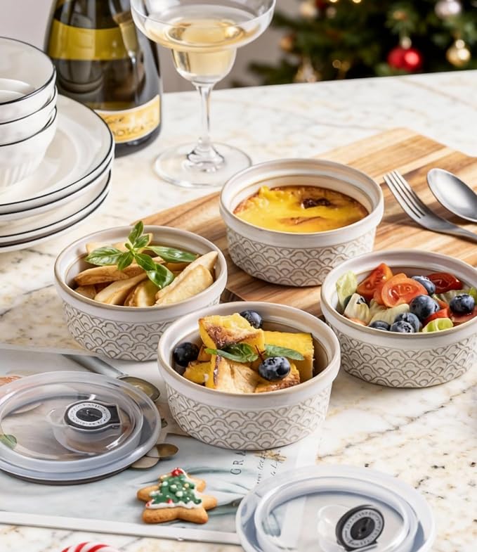12 oz Ramekins with lids Oven Safe, Ceramic Creme Brulee Ramekins with Covers, Cute Ramekin Sets, Small Serving Baking Bowls food storage containers set of 4, Beige Cloud