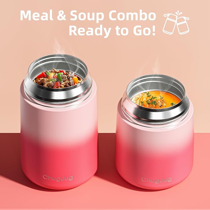 2 Pack Insulated Food Jar Set, 26oz & 18oz Stainless Steel Vacuum Insulated Soup Containers for Hot Food, Leak-Proof Thermal Food Jars with Spoons, Cute Stylish Design for School, Work & Travel (Pink)