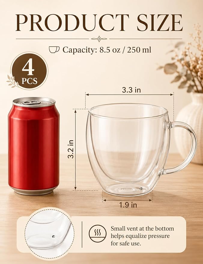 Set of 4 Double Walled Glass Coffee Mugs with Handles, 8.5oz Clear Coffee Mugs for Hot/Cold Beverages, Insulated Borosilicate Glass Cups for Cappuccino, Espresso, Latte, Tea, Milk, Microwave Safe