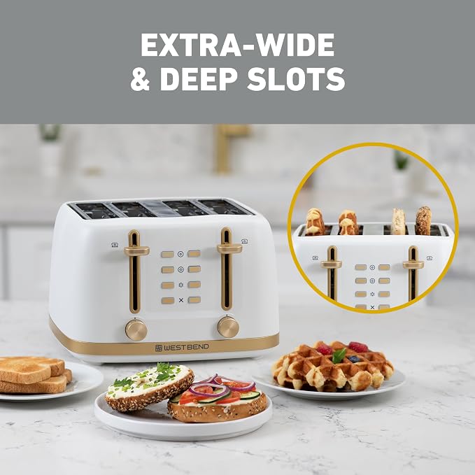 West Bend Timeless 4-Slice Toaster with 7 Browning Levels, Bagel/Waffle/Defrost Settings, High-Lift Lever, Anti-Jam, Easy-Clean Crumb Tray, 4-Slice, White/Gold