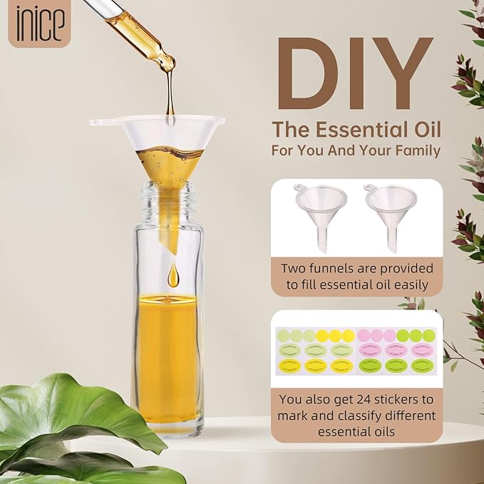 inice 12 Pack Essential Oil Roller Bottles 10ml Clear Glass Bottles Stainless Steel Roll On Ball Metal Cap for Daily Care