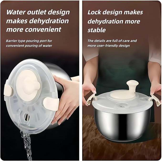6L Stainless Steel Salad Spinner - Quick Spin Dryer for Vegetables, Lettuce, Fruit and Pasta, Commercial and Household Essential Kitchen Utensil