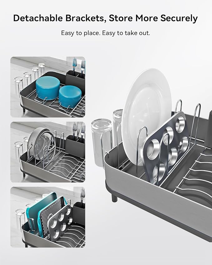 SUNLY Expandable Dish Drying Rack, Versatile Brackets for Pots & Pans, Space Saving Kitchen Drying Rack, Dish Racks for Kitchen Counter, Stainless Steel Dish Drainers with Extendable Spout, Black