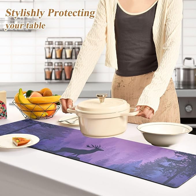 2 in 1 Table Runner Trivet for Hot Pots and Pans Heat Resistant Non Slip Waterproof 39 x 12 Inch Decorative Table Protector for Kitchen Countertop Purple Stag Mountains Moon and Trees