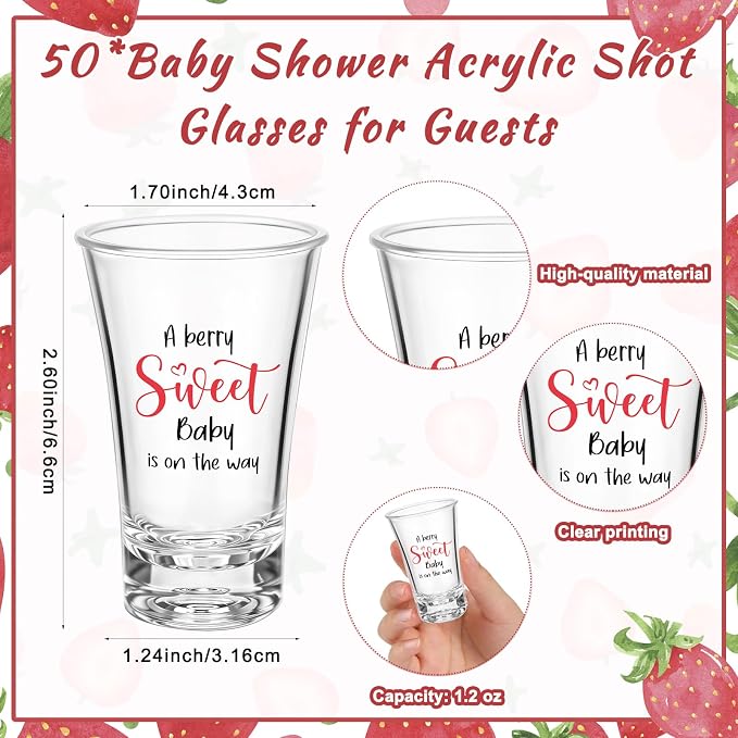 50 Sets Baby Shower Favor for Guests Acrylic Shot Glasses with Bottle Opener Keychains Thank You Tags and Bags Gender Reveal Party Favors for Guest Baby Shower Return Gift(Strawberry)