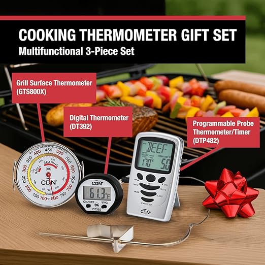CDN Gifts Set 3-Piece Chef's Thermometer Set, Including Digital Probe Timer, Meat Thermometer, Grill/Oven Surface Thermometer.