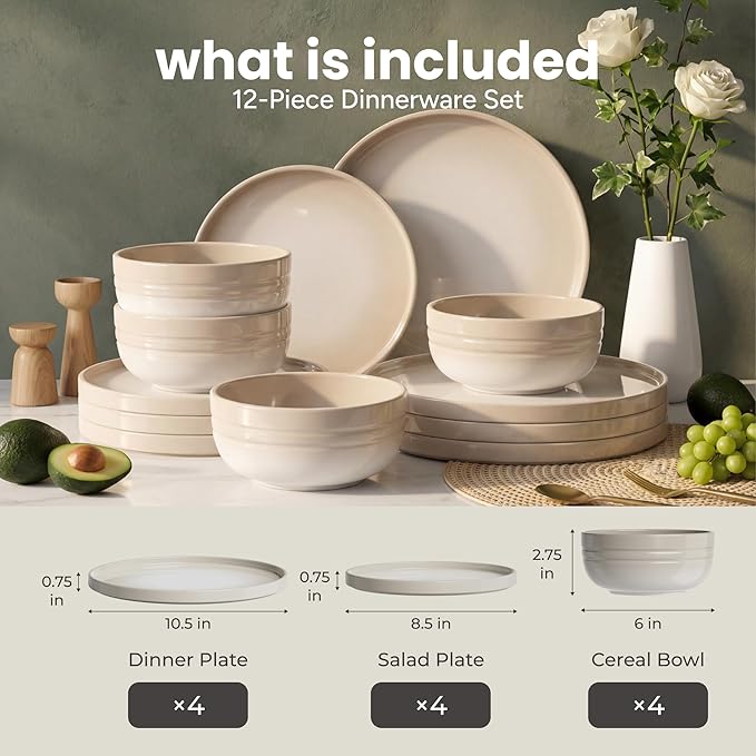 SMIRLY Stoneware Dinnerware Set for 4, 12-Piece Ceramic Plates and Bowls Set, Chip & Scratch Resistant Dish Set, Microwave, Dishwasher & Oven Safe for Everyday Meals, Cream White