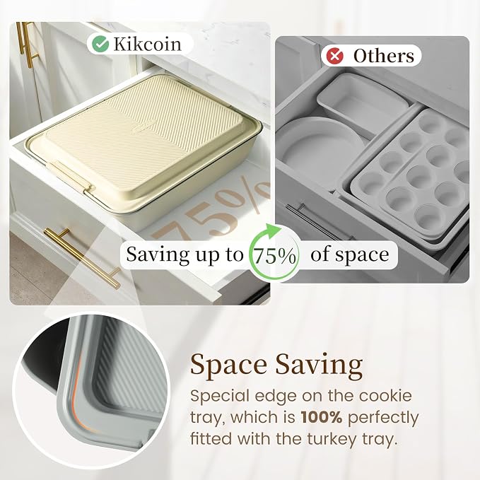 Kikcoin 25 PCS Stackable Baking Pans Set, Non-stick Bakeware Sets with Silicone Handles, 450°F Oven Safe Cookie Sheets for Baking, Easy Release Heavy-duty Baking Sheets Non Stick, Cream