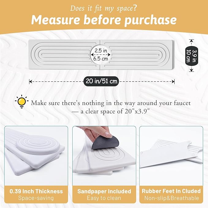 Faucet Mat for Kitchen Sink, 20" Wide Diatomite Fast Drying Stone Tray, Super Absorbent, Prevents Moisture Buildup, Faucet Water Splash Guard for Bathroom Counter, Sink Protector Gift for Mom, White