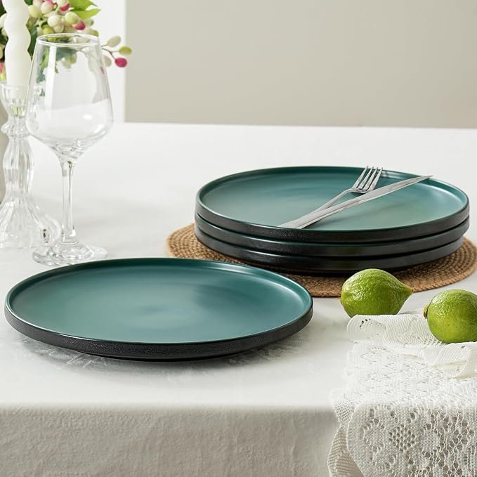 Ceramic Dinner Plates, 10.25 Inch, Set for 4, Modern Green | Flat Dish Design, Microwave & Dishwasher Safe, Perfect for Family and Entertaining, For Steak, Sandwiches, Pizza, Pasta
