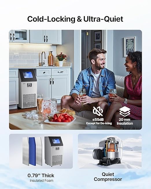 VEVOR Commercial Ice Maker Machine, 100 lbs/24h with 28Lbs Storage, 45 Cubes per Cycle, Stainless Steel Freestanding & Under Counter Ice Maker with LED Display & Self-Cleaning, for Home Bar Restaurant