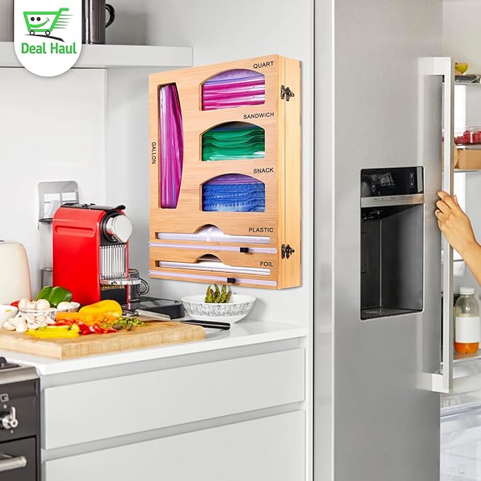 Ziplock Bag Organizer and Plastic Wrap Dispenser with cutter for Kitchen Drawer - 6 IN 1 Bamboo Ziplock Storage, Sandwich Bag Organizer, for Gallon, Quart, Sandwich, Snack