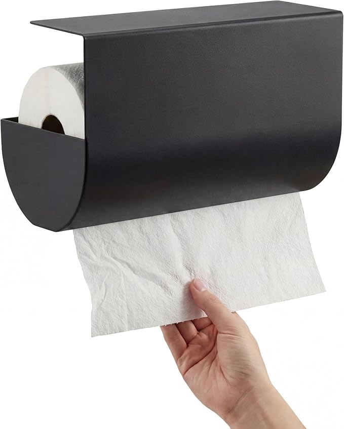 Under Cabinet Paper Towel Holder - No Drill Shelf Mount, Easy Tearing Design, Space-Saving, Magnet-Ready Steel Surface, Fits Standard US Rolls up to 11" (Black)